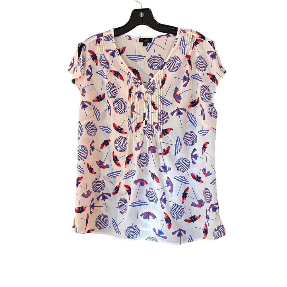 Talbots Cap Sleeve Blouse Top Beach Umbrella Novelty Print Sz Lp Lightweight